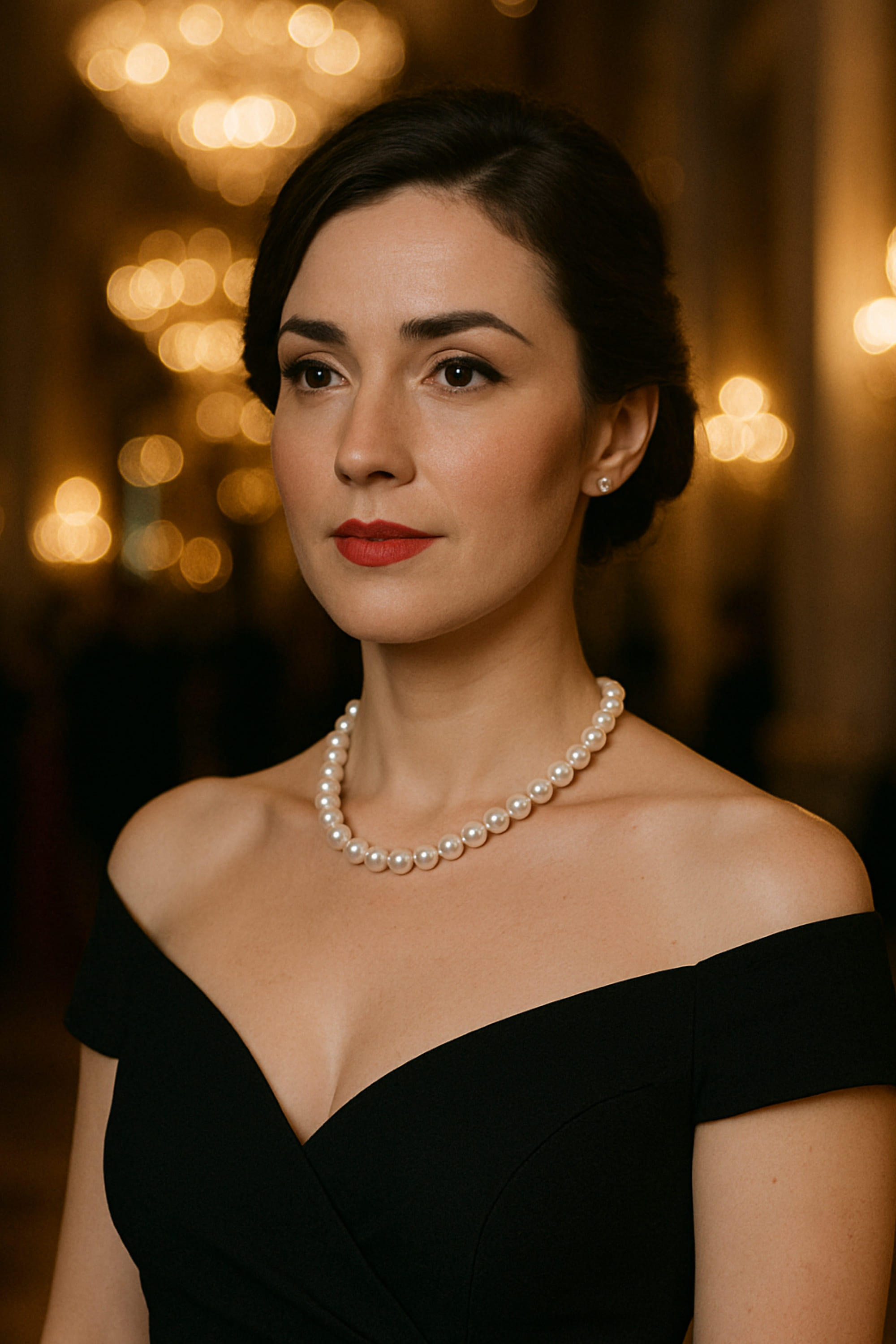 Colier cu Perle Albe 9–10 mm, la Baza Gâtului, Închizătoare Aur, Vedere Trei Sferturi, Rochie Neagră